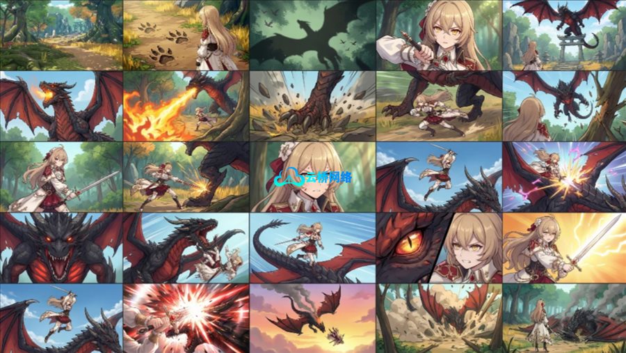 根据故事叙事、角色设定表、场景图一键生成连贯性25宫格分镜